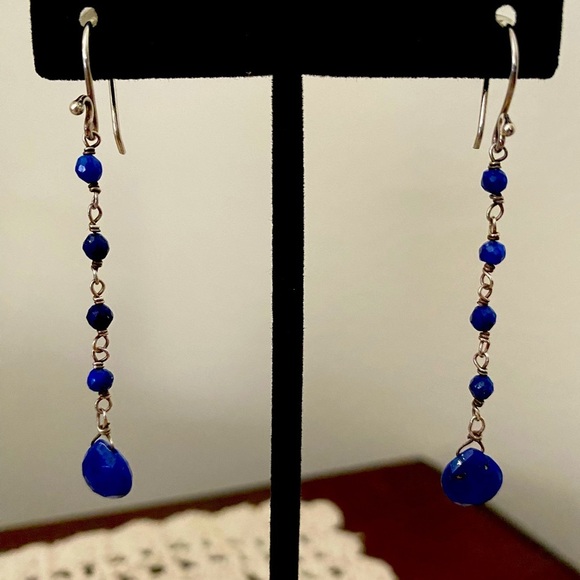 Sterling Silver & Lapis Lazuli Drop Earrings – Boho Chic Statement Jewelry - Picture 1 of 3